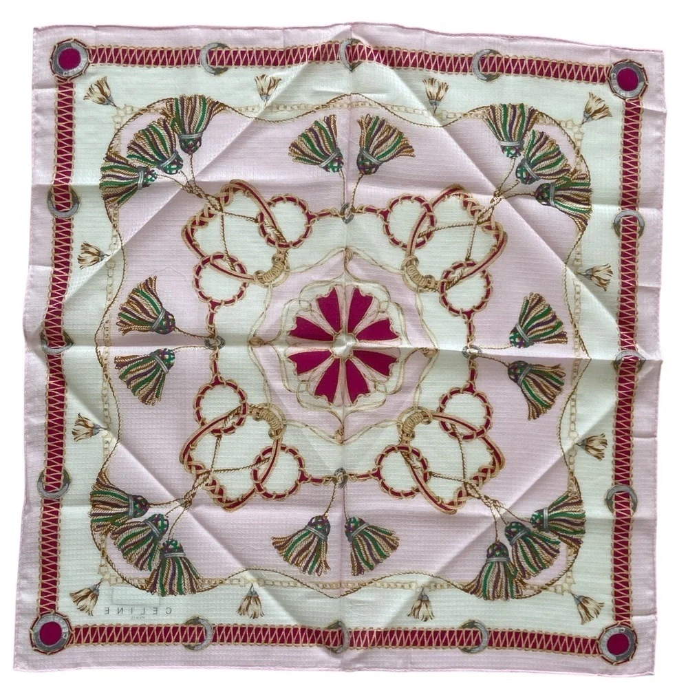 Authentic Celine Vintage Pink and Gold Patterned Silk Handkerchief